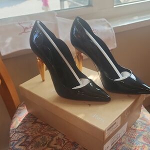Christian Louboutin Condorra 85 Glossy Black Heels with Gold Stiletto